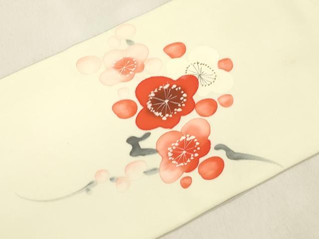 平和屋着物●塩瀬 九寸名古屋帯 手描き 枝梅文 正絹 逸品 CABM0747dy