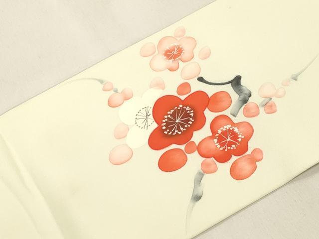 平和屋着物●塩瀬 九寸名古屋帯 手描き 枝梅文 正絹 逸品 CABM0747dy