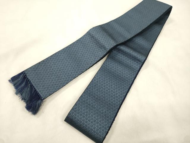 平和屋着物●男性 本場筑前博多織 両面 角帯 幾何学文 錆鼠色 藍鉄色 正絹 逸品 未使用 CABM0763dy