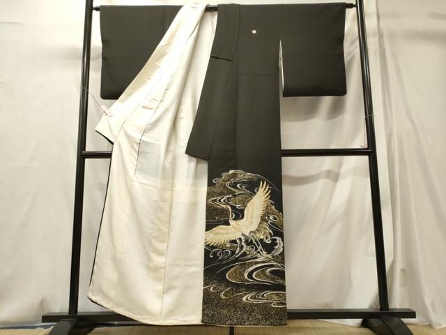 平和屋着物■豪華黒留袖 刺繍 手描き 立波飛鶴文 金彩 三越扱い 正絹 逸品 CABM0819oy