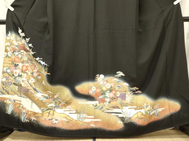 平和屋着物■豪華黒留袖 駒刺繍 渡り橋花松文 暈し染め 金彩 正絹 逸品 CABM0921oy