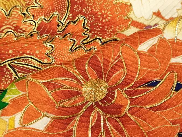 平和屋着物■豪華振袖 駒刺繍 檜扇花文 金彩 正絹 逸品 CABM0993oy