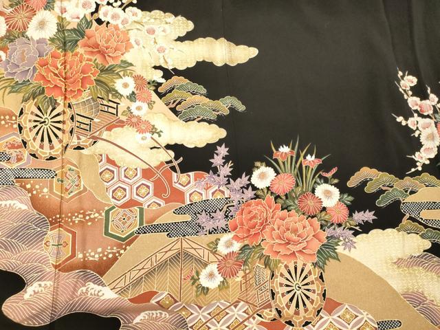 平和屋着物■豪華黒留袖 駒刺繍 道長花車文 金彩 正絹 逸品 CABM0994oy