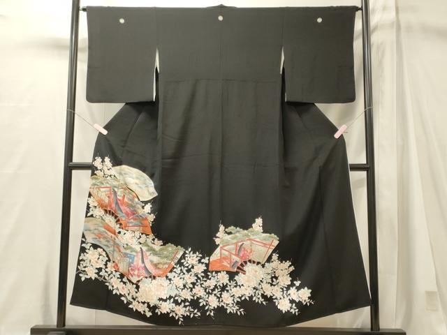 平和屋着物■豪華黒留袖 駒刺繍 扇面人物花松文 金彩 正絹 逸品 CABM1023oy