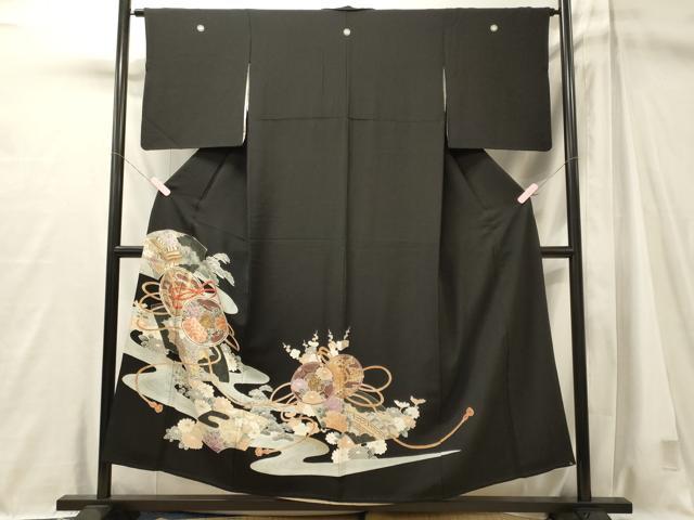 平和屋着物■豪華黒留袖 刺繍 流水鼓花文 金彩 正絹 逸品 CABM1024oy
