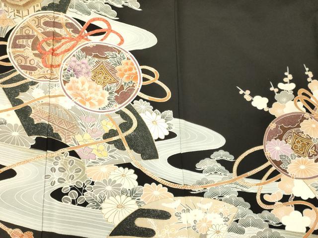 平和屋着物■豪華黒留袖 刺繍 流水鼓花文 金彩 正絹 逸品 CABM1024oy