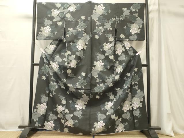 平和屋着物■小紋 草花文 黒地 洗える着物 CABM1052oy