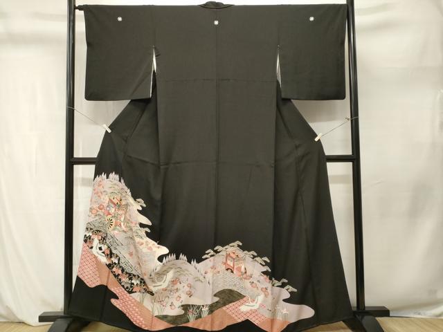 平和屋着物■豪華黒留袖 駒刺繍 御所車飛鶴吉祥花文 金彩 正絹 逸品 CABM1208ev
