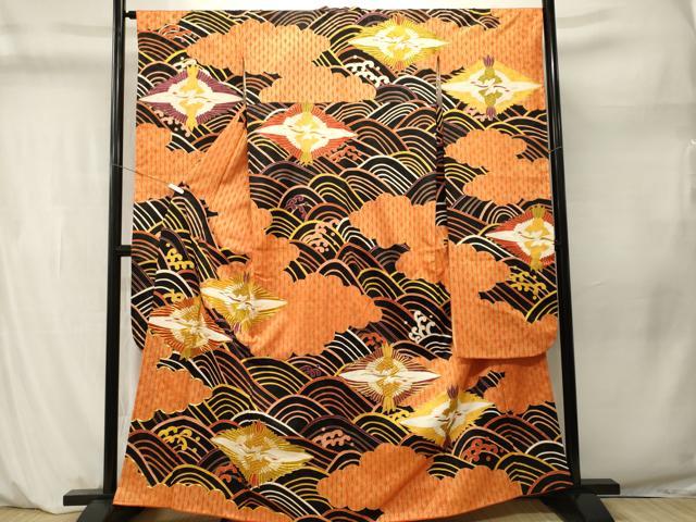 平和屋着物■豪華振袖 駒刺繍 雲取り立波双鶴文 金彩 正絹 逸品 CABM1236ev