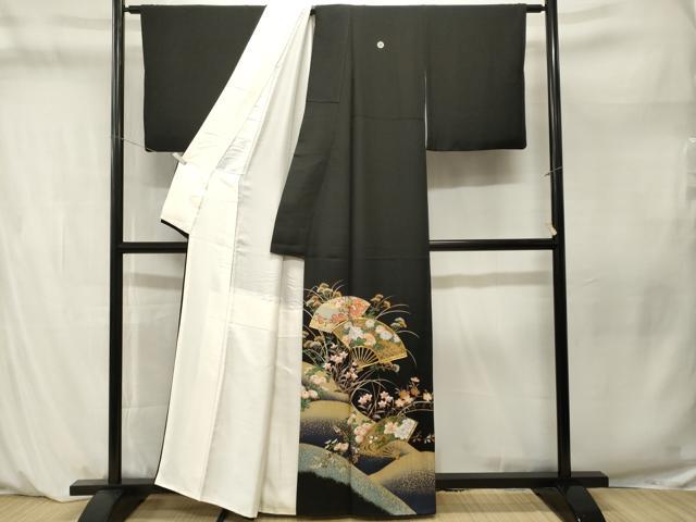 平和屋着物■豪華黒留袖 駒刺繍 萬寿染 地紙扇面草花文 暈し染め 正絹 逸品 CABM1240ev