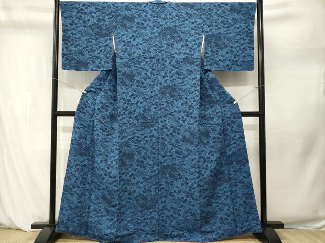 平和屋着物■上質な小紋 藍 型染め 松竹梅流水花文 鬼しぼ縮緬 正絹 逸品 CABM1262ev