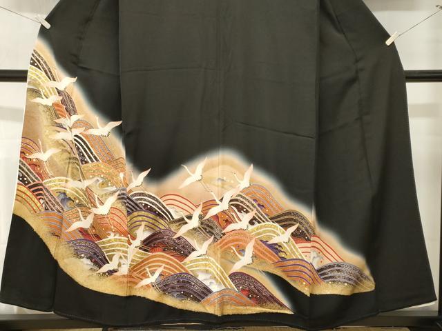 平和屋着物■豪華黒留袖 駒刺繍 立波飛鶴文 暈し染め 金彩 正絹 逸品 CABM1279ev