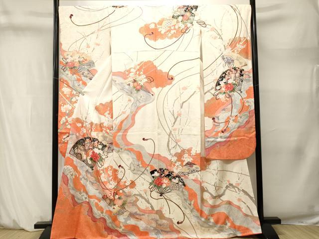 平和屋着物■豪華振袖 道長御所車扇面孔雀花文 金銀彩 正絹 逸品 CABM1462ev