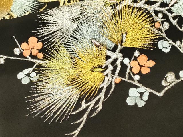 平和屋着物■豪華黒留袖 刺繍 尾長鳥枝梅松文 金銀糸 正絹 逸品 CABM1479ev