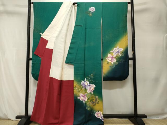 平和屋着物■豪華振袖 刺繍 カトレア 花蝶文 暈し染め 金彩 正絹 逸品 CABM1507ev