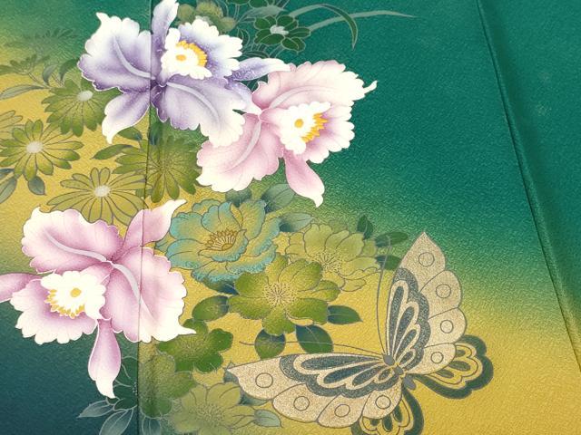 平和屋着物■豪華振袖 刺繍 カトレア 花蝶文 暈し染め 金彩 正絹 逸品 CABM1507ev
