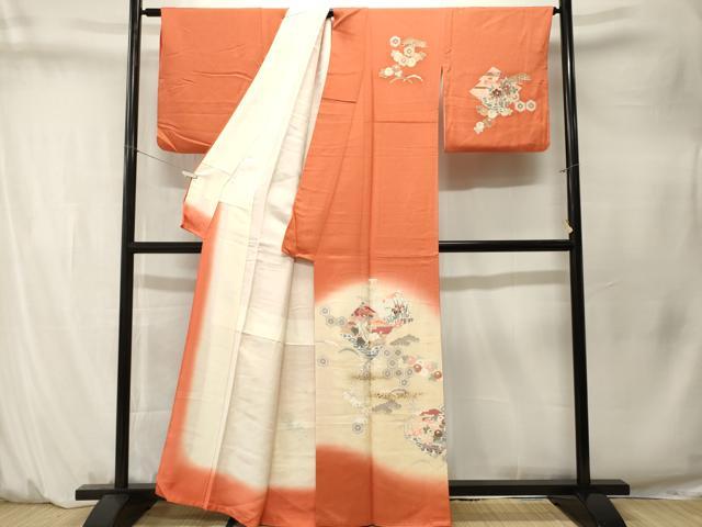 平和屋着物■訪問着 松皮菱松竹梅飛鶴文 暈し染め 金彩 正絹 逸品 CABM1561ev
