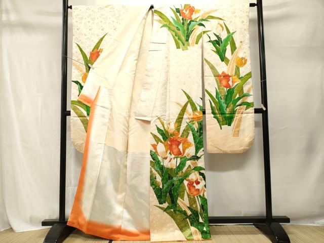 平和屋着物■豪華振袖 チューリップ 草花文 暈し染め 金糸 金通し地 正絹 逸品 CABM1754ev