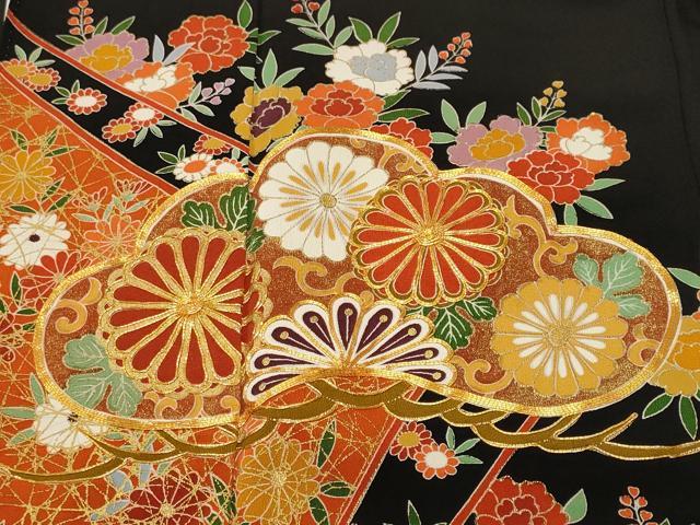 平和屋着物■豪華黒留袖 駒刺繍 松花唐草文 金彩 正絹 逸品 CABM1827ev