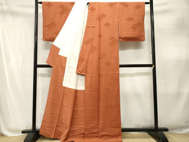 平和屋着物■上質な色無地 菱地紋 赤朽葉色 正絹 逸品 CABM1871ev