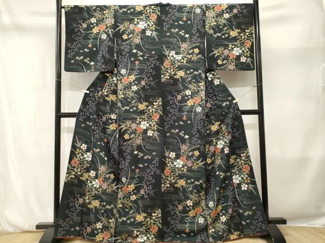 平和屋着物■小紋 エ霞草花文 黒地 金彩 洗える着物 CABM1978ev