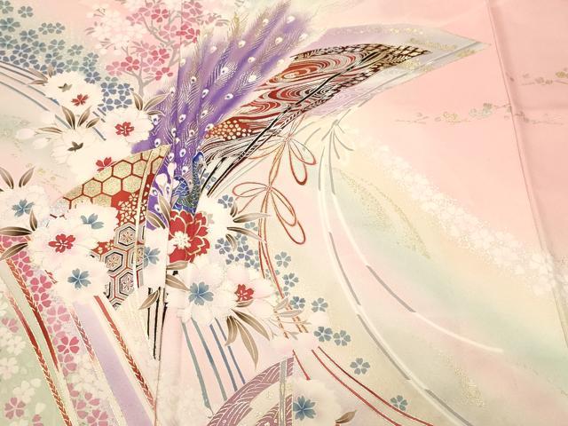 平和屋着物■豪華振袖 扇面孔雀花文 暈し染め 金銀彩 正絹 逸品 CABM1993ev