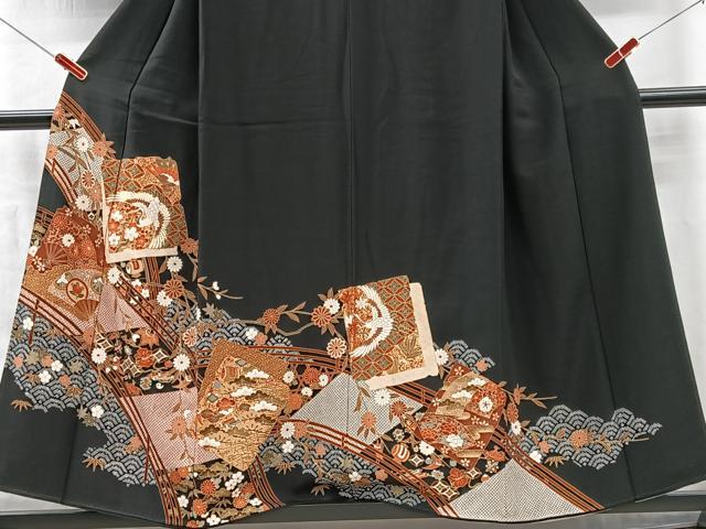 平和屋着物■豪華黒留袖 駒刺繍 渡り橋色紙花鳥文 金彩 正絹 逸品 CABM2008xe