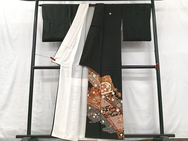 平和屋着物■豪華黒留袖 駒刺繍 渡り橋色紙花鳥文 金彩 正絹 逸品 CABM2008xe