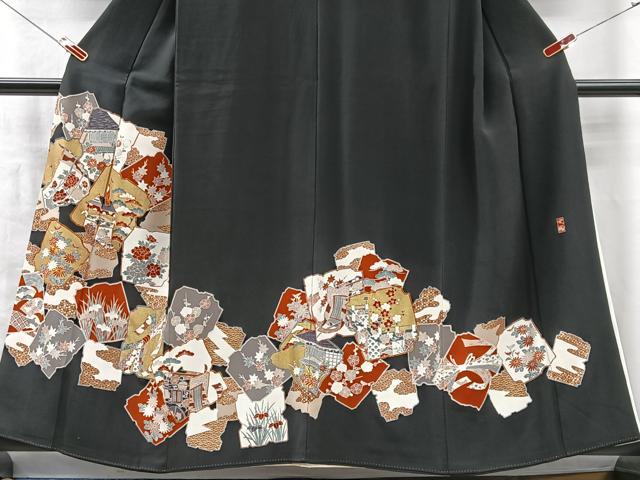 平和屋着物■豪華黒留袖 作家物 駒刺繍 色紙風景花文 金彩 正絹 逸品 CABM2090xe