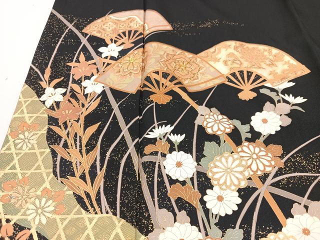 平和屋着物■豪華黒留袖 駒刺繍 扇面草花文 金彩 正絹 逸品 CABM2117xe