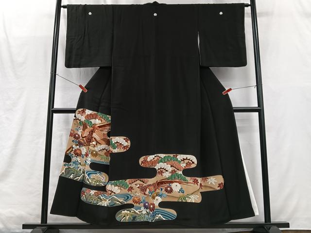 平和屋着物■豪華黒留袖 駒刺繍 尾長鳥立波花文 金彩 正絹 逸品 CABM2118xe