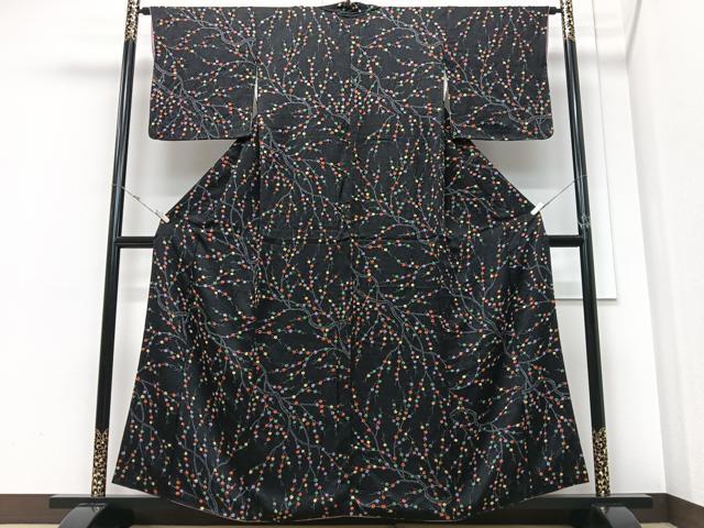 平和屋着物■上質な小紋 絞り 枝花文 黒地 正絹 逸品 CABM2169xe