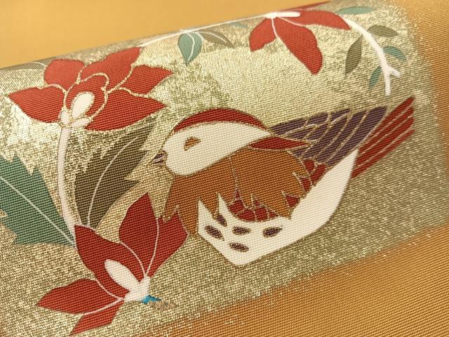 平和屋着物●塩瀬 九寸名古屋帯 刺繍 鴛鴦花文 金彩 正絹 逸品 CABM2829vp