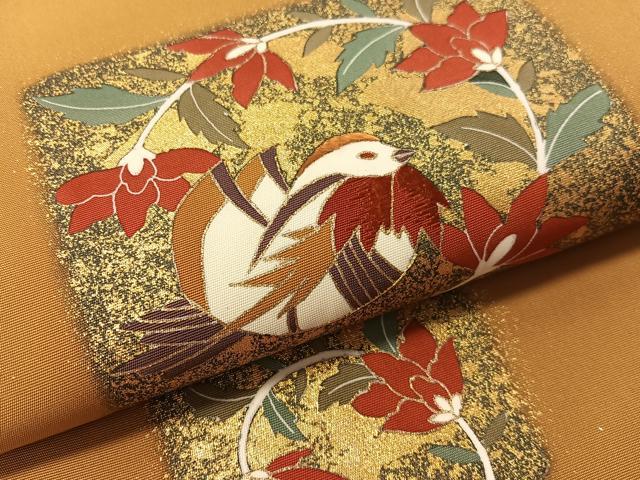 平和屋着物●塩瀬 九寸名古屋帯 刺繍 鴛鴦花文 金彩 正絹 逸品 CABM2829vp