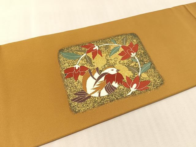 平和屋着物●塩瀬 九寸名古屋帯 刺繍 鴛鴦花文 金彩 正絹 逸品 CABM2829vp