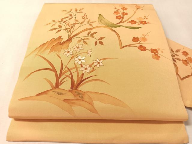 平和屋着物●塩瀬 九寸名古屋帯 手描き 枝花鳥文 金彩 正絹 逸品 CABM2840vp