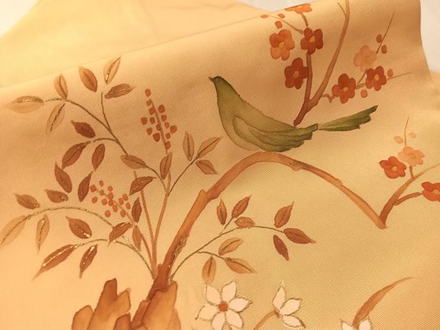 平和屋着物●塩瀬 九寸名古屋帯 手描き 枝花鳥文 金彩 正絹 逸品 CABM2840vp