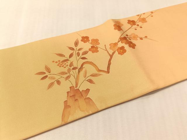 平和屋着物●塩瀬 九寸名古屋帯 手描き 枝花鳥文 金彩 正絹 逸品 CABM2840vp