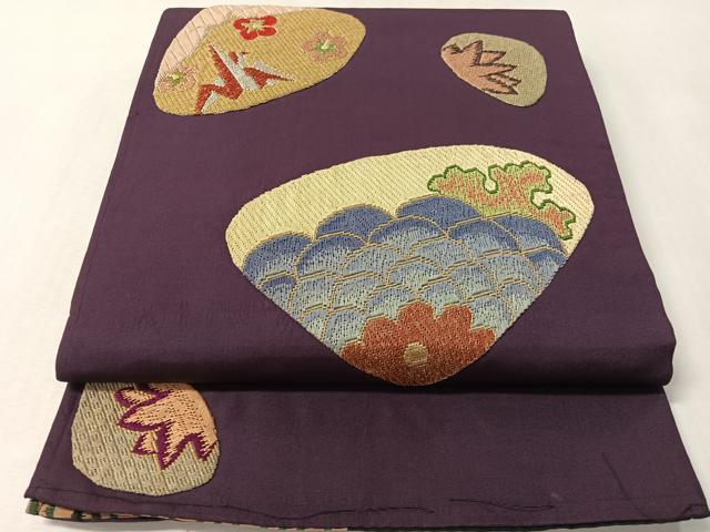 平和屋着物●アンティーク 大正ロマン 九寸開き名古屋帯 総刺繍 絽刺し 区限刺繍 貝合せ花文 金銀糸 正絹 逸品 CABM2842vp