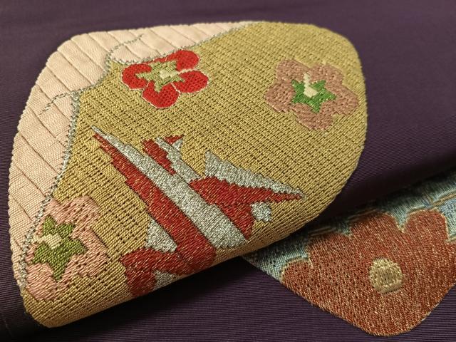 平和屋着物●アンティーク 大正ロマン 九寸開き名古屋帯 総刺繍 絽刺し 区限刺繍 貝合せ花文 金銀糸 正絹 逸品 CABM2842vp