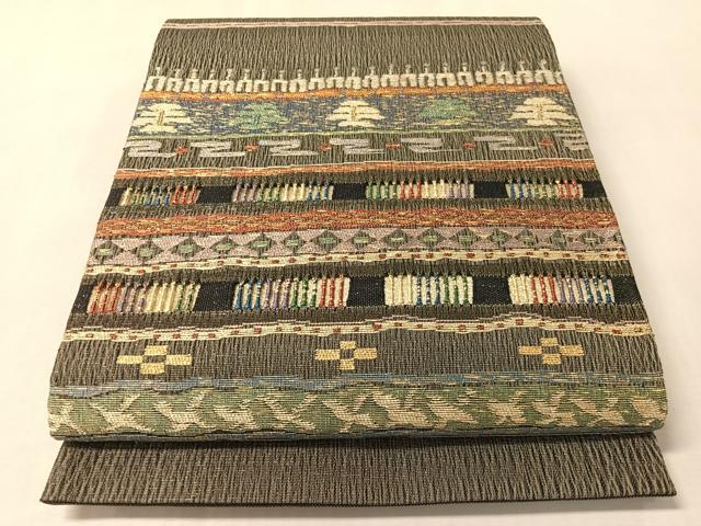 平和屋着物●六通柄袋帯 手織 櫛織 横段吉祥文 金糸 正絹 逸品 CABM2909vp