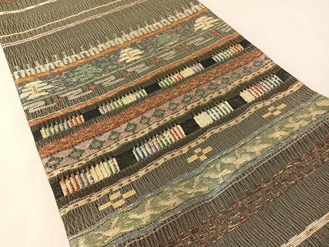 平和屋着物●六通柄袋帯 手織 櫛織 横段吉祥文 金糸 正絹 逸品 CABM2909vp