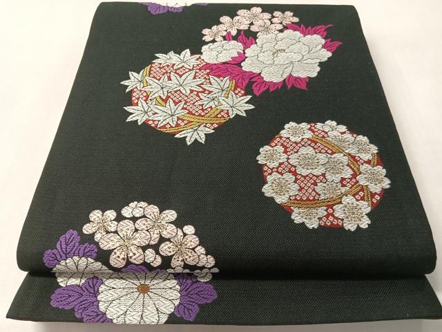 平和屋着物●六通柄袋帯 花物語 黒地 金糸 正絹 逸品 CABM2912vp