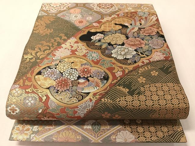 平和屋着物●六通柄袋帯 紹巴 吉祥花鳥文 金糸 正絹 逸品 未使用 CABM2941vp