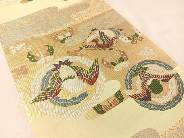平和屋着物●西陣 太鼓柄 本袋帯 花鳥蝶丸文 金糸 正絹 逸品 CABM2952vp