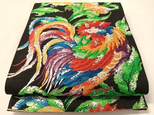 平和屋着物●六通柄袋帯 鶏花文 黒地 金銀糸 正絹 逸品 CABM2953vp