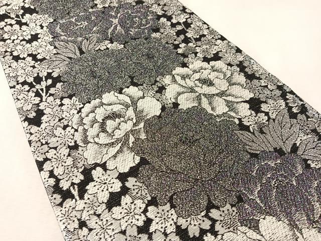 平和屋着物●六通柄袋帯 牡丹 黒地 銀糸 正絹 逸品 CABM2955vp