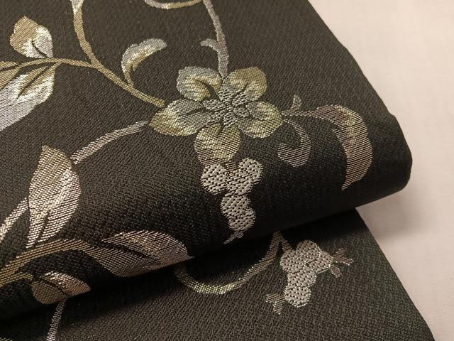 平和屋着物▽六通柄袋帯 スリーシーズン 春夏秋 花唐草文 黒地 銀糸 正絹 逸品 CABM2961vp