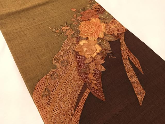 平和屋着物●中国三大刺繍 スワトウ相良刺繍 総刺繍 太鼓柄袋帯 紬地 バラ 正絹 逸品 CABM2977vp