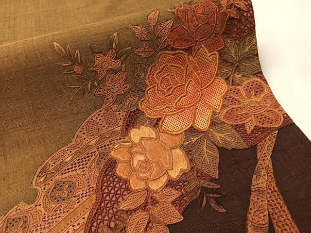 平和屋着物●中国三大刺繍 スワトウ相良刺繍 総刺繍 太鼓柄袋帯 紬地 バラ 正絹 逸品 CABM2977vp